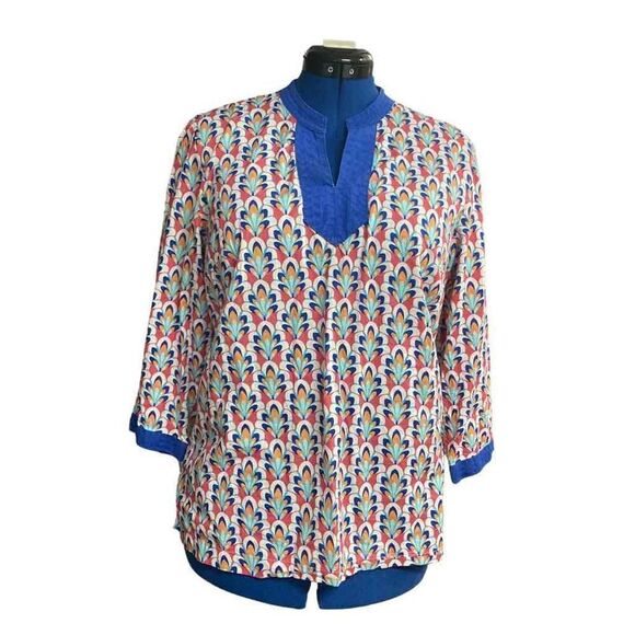 Talbots Tops - TALBOTS Multicolored Peacock Print Tunic Top Blouse Size Large Petite V-Neck